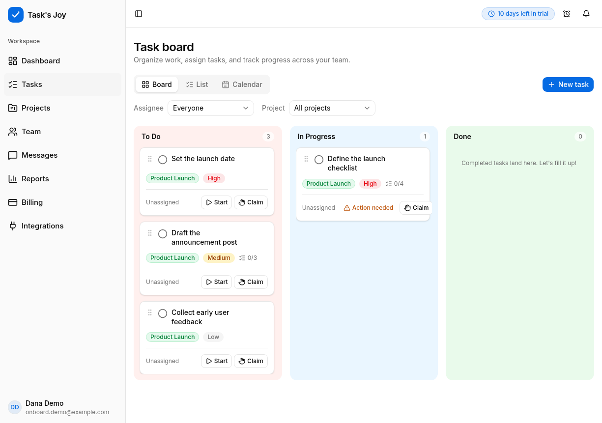The Task's Joy board showing a Product Launch project with tasks organized across To do, In progress, and Done columns