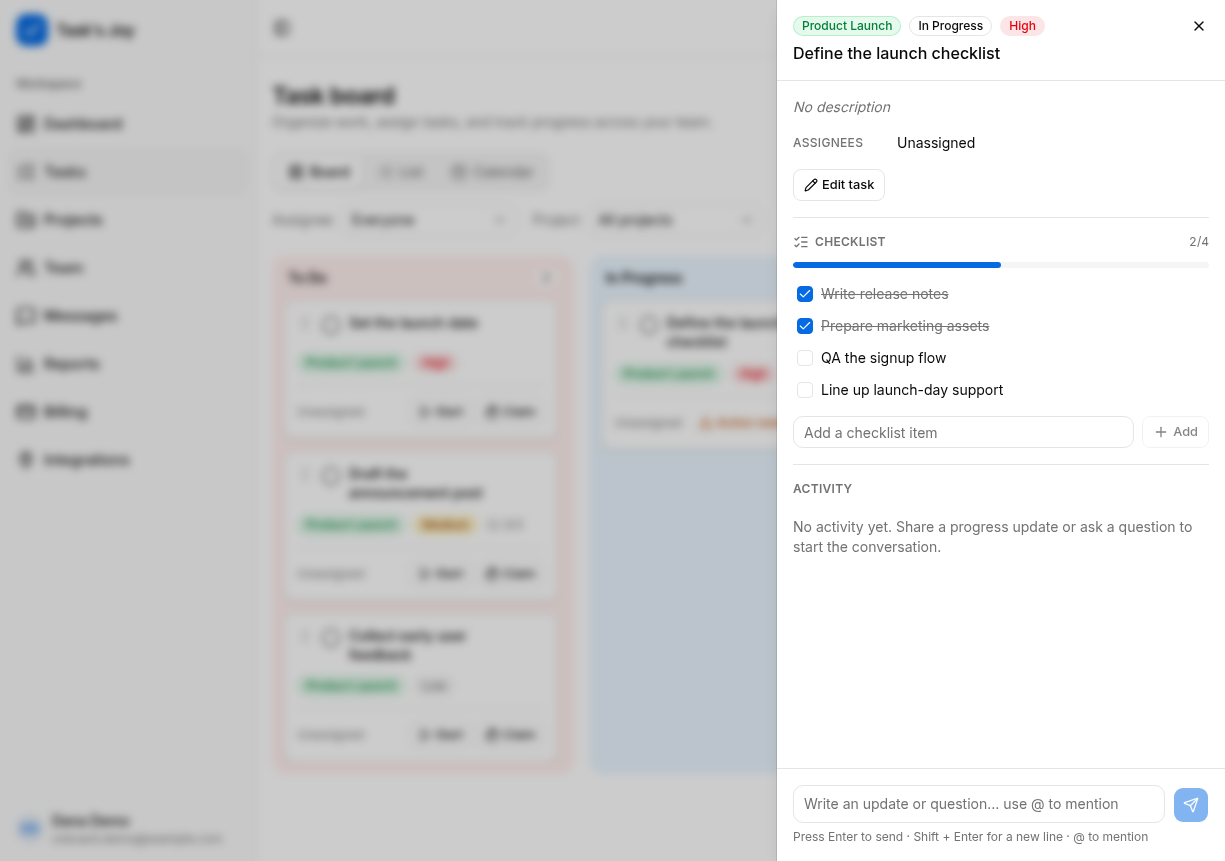 A Task's Joy task detail panel with a checklist at two of four items complete and a progress bar